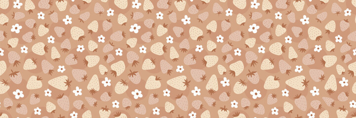 Cute strawberry and flower seamless pattern. Vintage background with floral fruit design, retro boho doodles, and playful berry illustrations in beige tones. Vector illustration