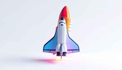 Colorful 3D rendering of a space shuttle taking off against a white backdrop