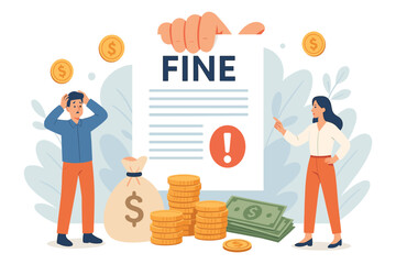 People reacting to financial penalty notice, large fine document with warning symbol, money piles showing payment impact, flat vector illustration