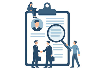Recruitment process with resume review, business professionals evaluating candidate profile, job interview and selection concept, flat vector illustration