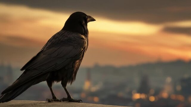 Silhouette crow perched on a ledge at sunset, overlooking a glow-lit distant cityscape at dusk serene