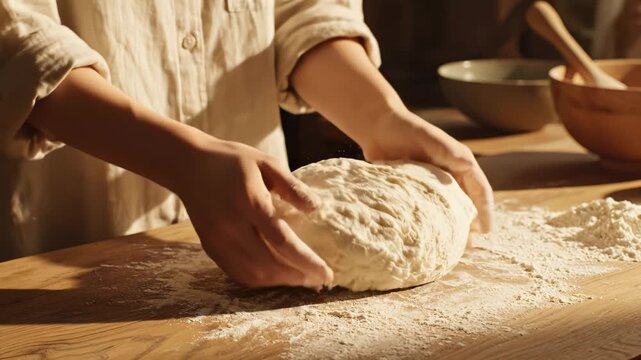 Person kneading dough on wooden table