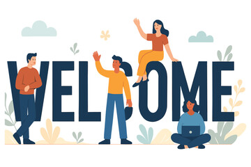 Welcome text with diverse people waving, sitting and interacting around big letters in flat vector illustration