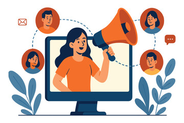 Woman announcing message through megaphone on computer screen, digital communication connecting people online, flat vector illustration