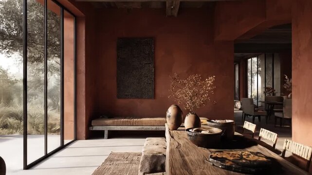 Rustic interior design of a dining room with warm terracotta walls, natural elements, & a serene view