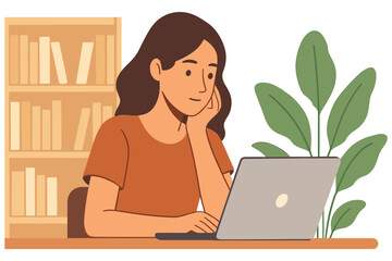 Woman working on laptop at home office desk with bookshelf and indoor plant, flat vector illustration