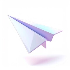 Glossy, ethereal paper airplane, angled, casting a subtle shadow on white