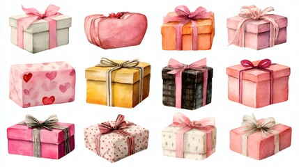 Set of watercolor colorful gift boxes with ribbons and bows on a white background. Clip art.