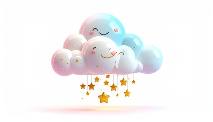 Cartoon cloud with smiling faces and dangling golden stars