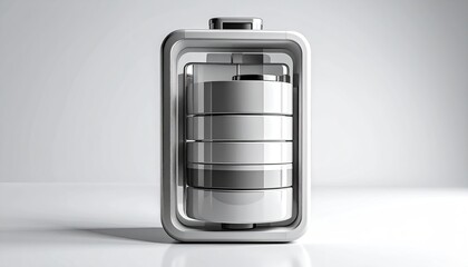 Shiny, stylized battery icon, chrome outline, levels visible, clean white backdrop