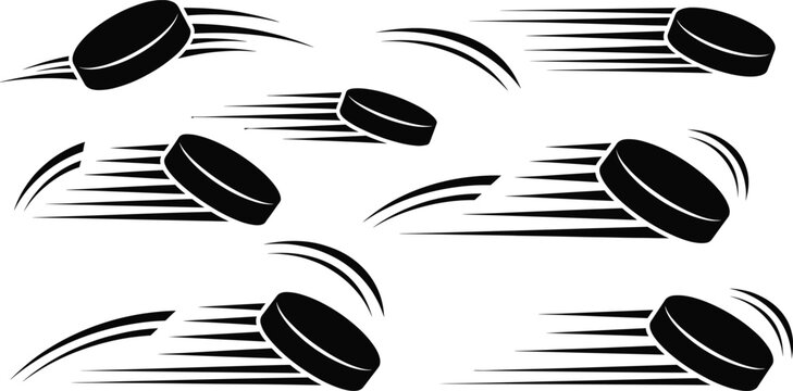 Stylized hockey pucks in motion with speed lines and dynamic angles on white background sports action design