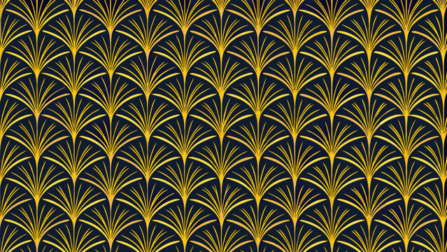 Elegant art deco pattern with repeating golden fan shapes on dark background