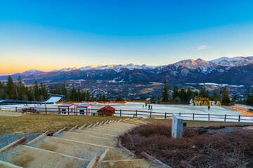 Land of Lights at the top of Gubalowka overlooking Tatra mountains and Zakopane city during blue hour