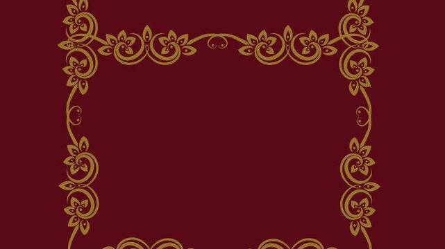 draw set of several purple flower decorate with green leaf enclose by golden frame in square shape on maroon screen background
