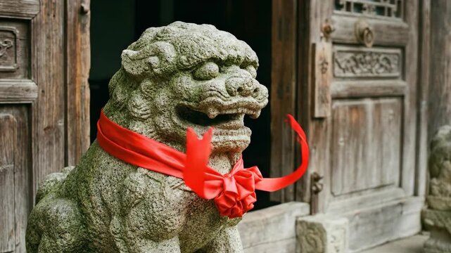 Traditional stone lion statue with red ribbon detail near an ancient wooden door. Bali cultural guardian for temple entrance.