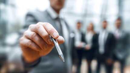 Businessman offering pen for signing agreement