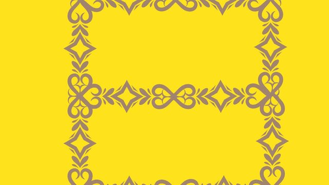 draw set of several green flower enclose by golden frame in square shape on yellow screen background
