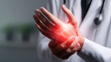 Doctor examines painful wrist with inflammation and bone visualization