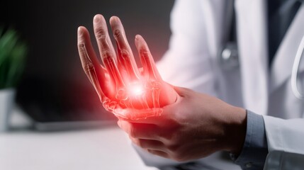 Doctor examining painful hand with inflamed joint