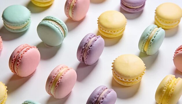 Pastel french macarons assortment in rows , sweet bakery background, colorful cookie display, macaron,.