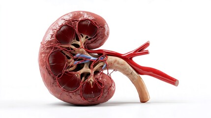 Human kidney cross section detailed anatomy on white