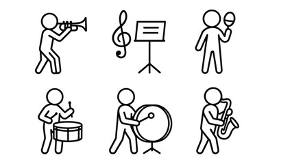 Fototapeta premium Stick figures playing musical instruments in a band with sheet music