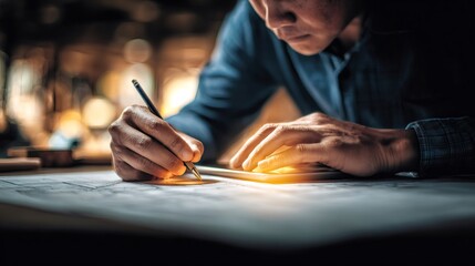 Man drawing blueprint design focusing on architectural project