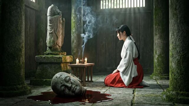 Asian woman kneeling in prayer before ancient Buddha statue in dark misty temple. Incense smoke rises with candlelight during ritual. Bloody severed head appears on stone floor in dark fantasy horror