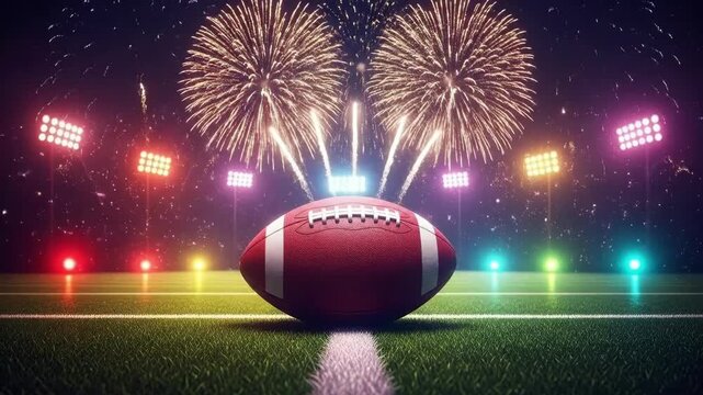 American football on a stadium field with fireworks display and stadium lights. Sport championship event or celebration concept.