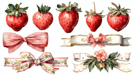 Watercolor illustration of red strawberry with pink bow, ribbon on white background. Fresh ripe berry with green leaves. Sweet dessert decoration. Healthy food art. Gift wrapping element. Cute fruit