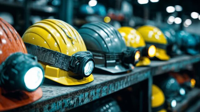 Focusing on Row of Safety Helmets with Headlamps in Industrial Workshop under Bright Lighting