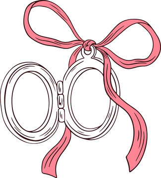 Hand drawn locket with ribbon and bow. Coquette vintage love locket. Whimsical girly medallion for greeting cards, wedding and invitations. Minimalist line art. Elegant vector valentines day print
