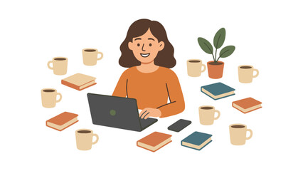 Woman working on laptop surrounded by books and coffee cups at home office desk