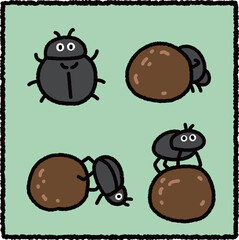 Cute Dung Beetle Illustration Set with Cartoon Insect Characters