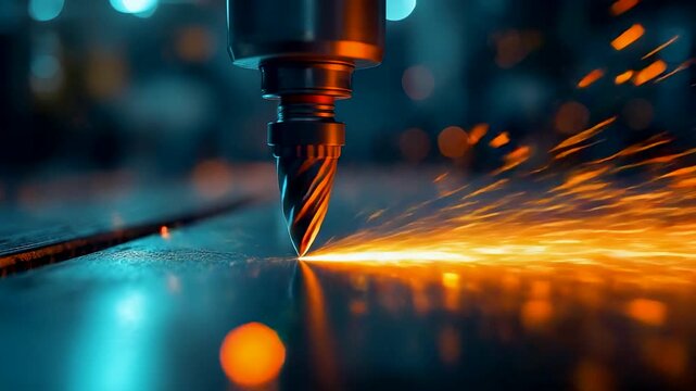 Intense drill bit cutting metal with bright orange sparks flying in dark workshop
