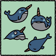Cute Narwhal Arctic Whale Illustration Set © TungYueh
