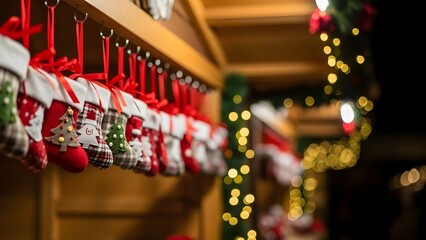 Obraz premium Christmas Decorations, Holiday Stockings, Festive Market, Photography, Evening Atmosphere, Close-Up View, Celebration Spirit