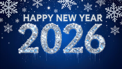 Happy New Year 2026 Celebration With Sparkling Ice Blue Snowflakes and Bokeh Lights