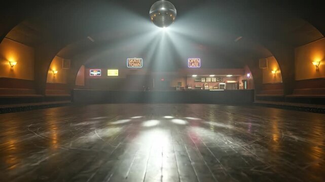 Retro disco ball rotating in 80s nightclub. Warm lights casting reflections on wooden dance floor in arched venue. VHS aesthetic video evoking nostalgic party vibes.