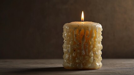 Glowing wax candle flame burning on a rustic wooden background creates a warm holiday glow amidst the dark night for a romantic Christmas celebration
