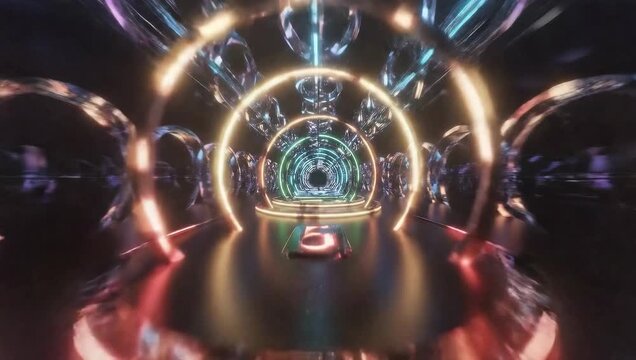 Futuristic Neon Tunnel with Glowing Geometric Shapes and Reflective Surfaces in Vibrant Purple and Blue Light