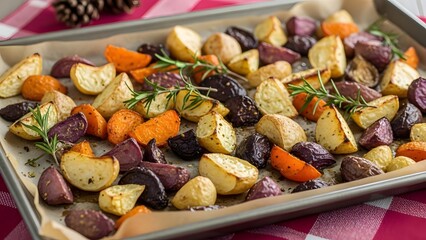 Roasted root vegetables on baking tray, seasonal winter food