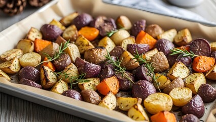 Roasted root vegetables on baking tray, seasonal winter food