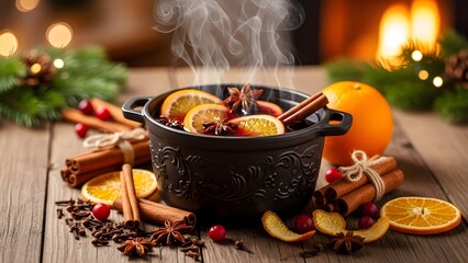 Pot of mulled wine with spices and orange slices, winter holiday concept