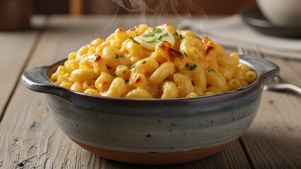 Mac and cheese in rustic bowl, warm creamy texture, comfort food