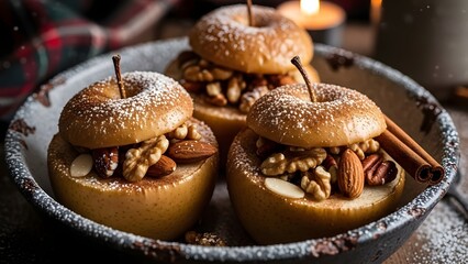 Baked apples with cinnamon and nuts, winter dessert