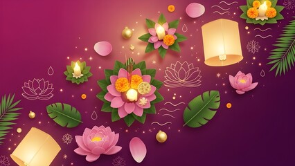Vibrant Thai Krathong festival illustration with lotus flowers, floating lanterns, and tropical leaves on a gradient background