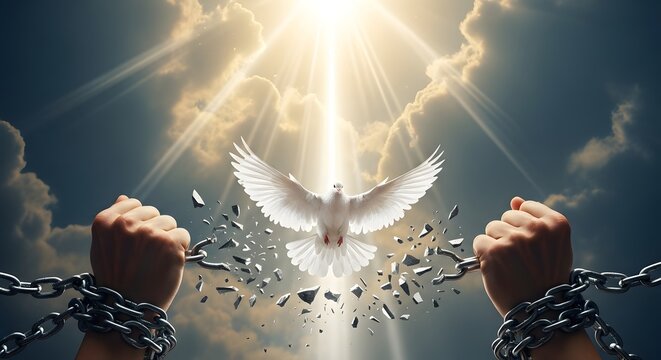 Spiritual freedom and liberation from broken chains in photo