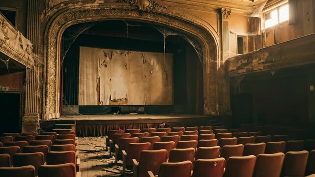Empty vintage theater interior with rows of red seats facing blank screen. Ornate abandoned cinema hall in retro style. Nostalgic 80s vhs aesthetic for film nostalgia and decay concept.