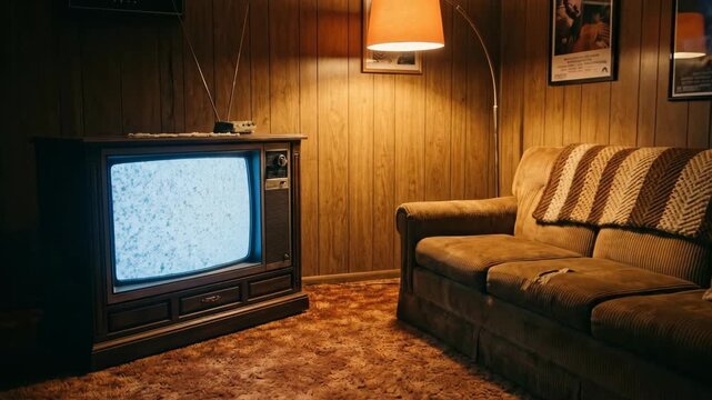Retro 80s living room TV powering up sequence. Vintage wood paneled walls with striped couch and lamp. VHS aesthetic home entertainment turning from broadcast to static then off.